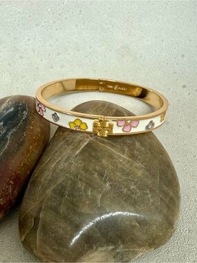 Tory Burch Gold-Tone Signature Logo Floral Hinged Bracelet